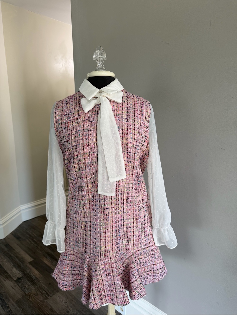 Sister Jane Size M | Pink Tweed Ruffle Hem Dress with Sheer White Bow Blouse